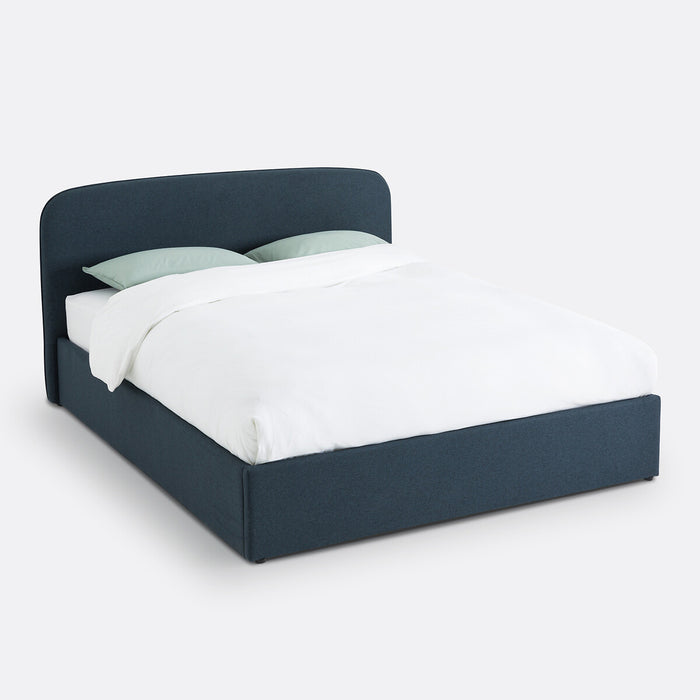 Lit coffre tissu chiné bois métal Baumain