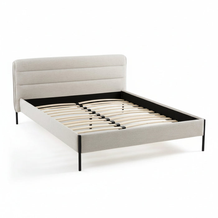 Lit rembourré tissu chiné bois métal Obias
