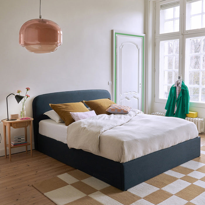 Lit coffre tissu chiné bois métal Baumain