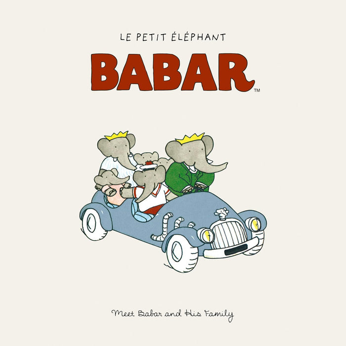 Affiche encadrée Babarou, illustration famille d'éléphants en voiture bleue – vue détourée