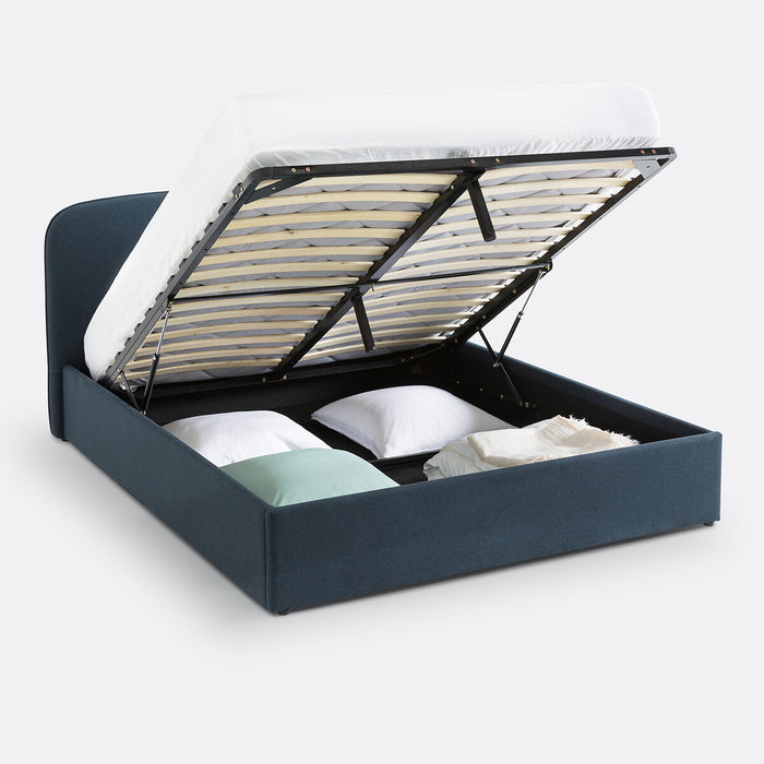 Lit coffre tissu chiné bois métal Baumain