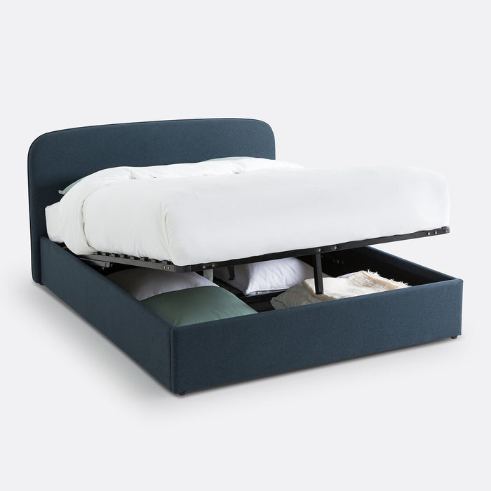 Lit coffre tissu chiné bois métal Baumain