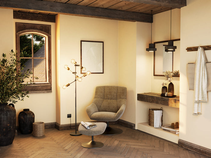 Fauteuil Bilbao beige et son repose-pieds – mise en ambiance salon